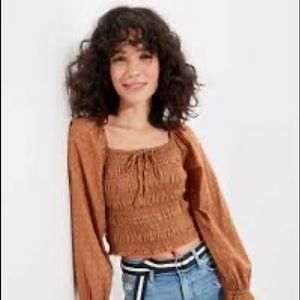 AE Smocked Puff-Sleeve Square Neck Blouse